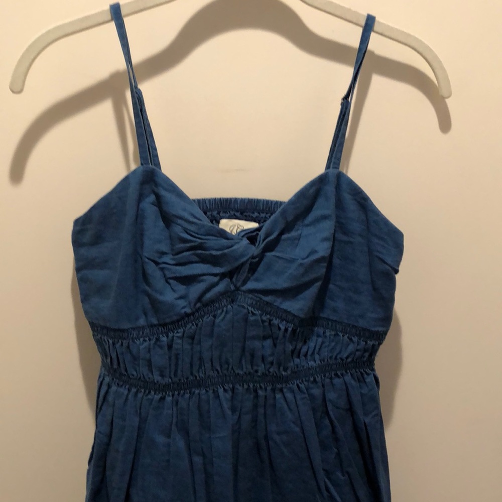 J.Crew smocked twist front sun dress size 0 in Indigo G5593 linen blend lined